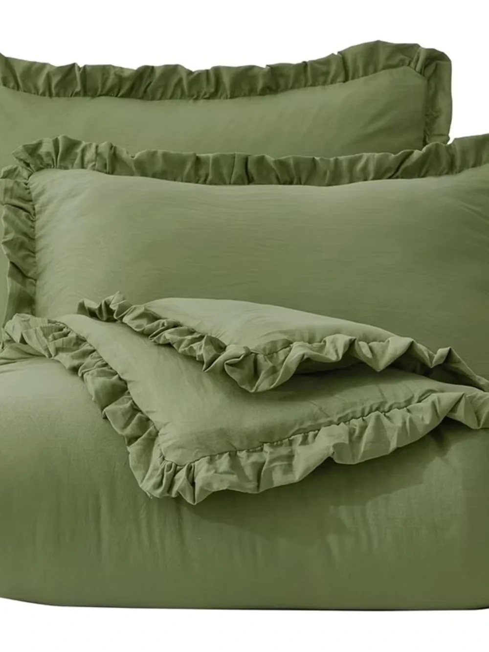 Olive Green Ruffled oversized queen 3 piece Comforter Set -